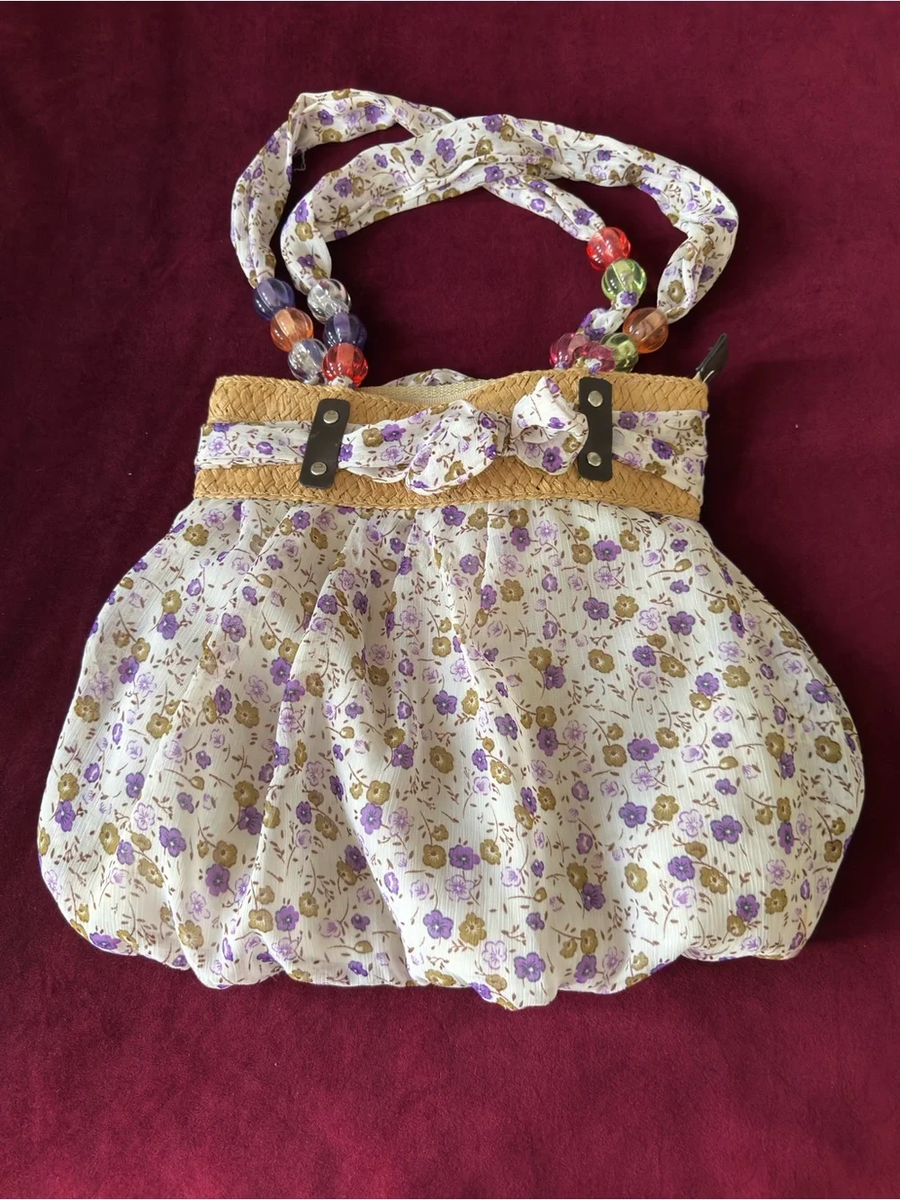 Floral Bubble Tote Bag with Beaded Handles - Cream and Lavender